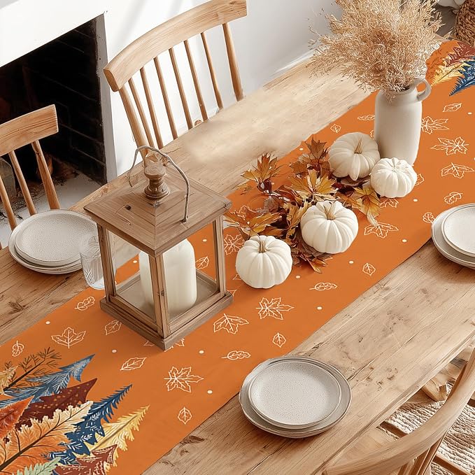 Fall Watercolor Trees & Maple Leaves Table Runner 13x108 Inch, Rustic Farmhouse - Image 6