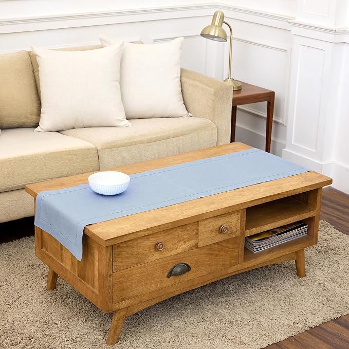 Solino Home 100% Pure Linen Table Runner Sky Blue Hemstitch, 14 x 48 in | by SolinoHome