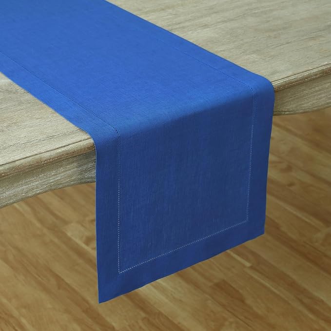 Solino Home 100% Pure Linen Table Runner Royal Blue Hemstitch, 14 x 120 in | - Image 2