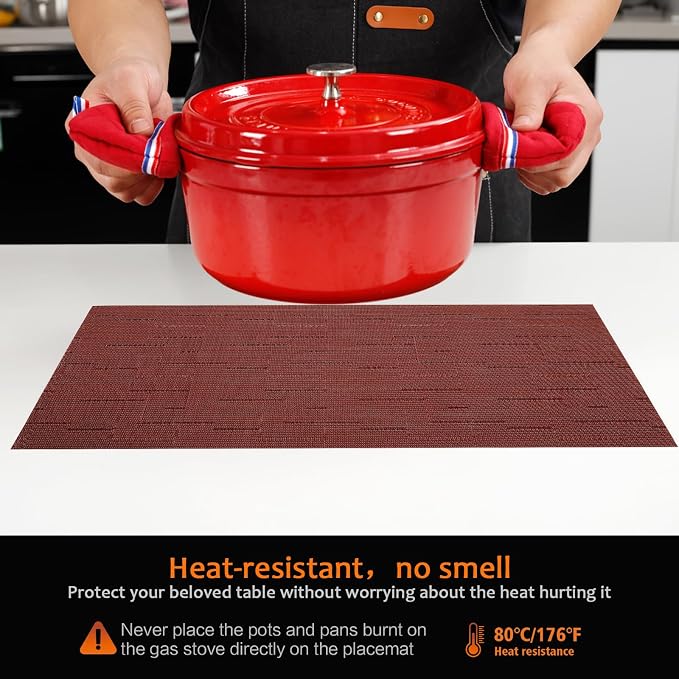 Red Vinyl Placemats Set of 6, Heat Resistant Table Placemats | 18x12 inch place - Image 4