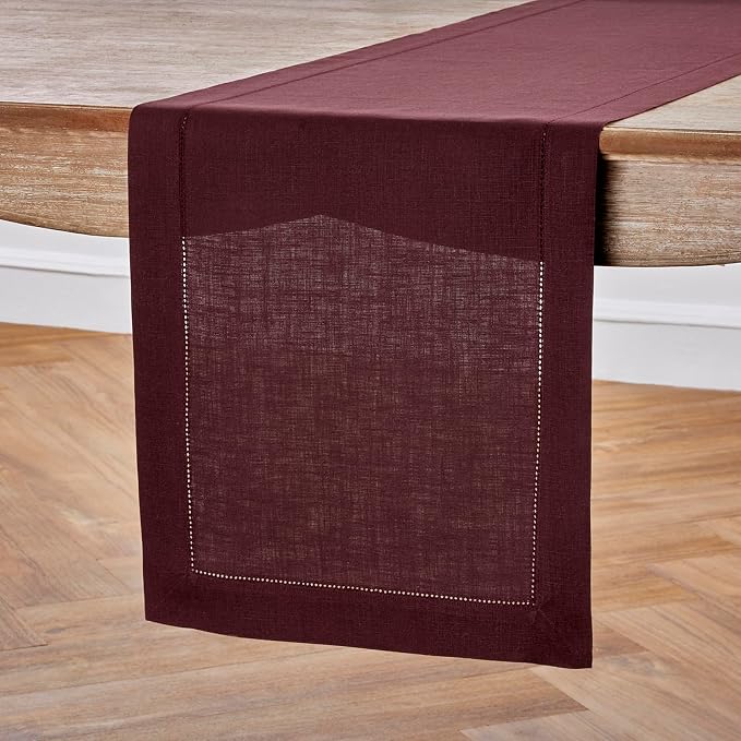 Solino Home 100% Pure Linen Table Runner Burgundy Hemstitch, 14 x 132 in | - Image 2
