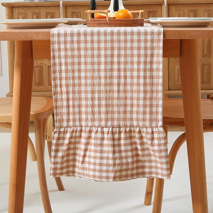 Taupe White Plaid Gingham Ruffle Table Runner 90 inches Long 100% Washed Cotton by KMASANIJI