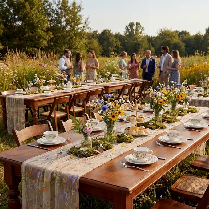 Champagne Floral Table Runner 10ft Embroidery Tulle Spring Wildflower Table - Image 8