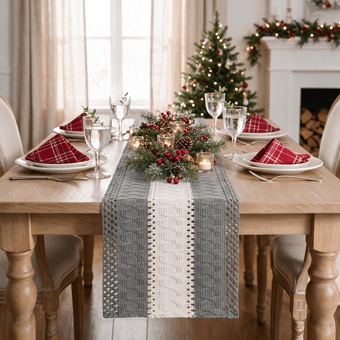Artoid Mode Grey Farmhouse Woven Table Runner 12x108 Inch | Seasonal Holiday - Image 2