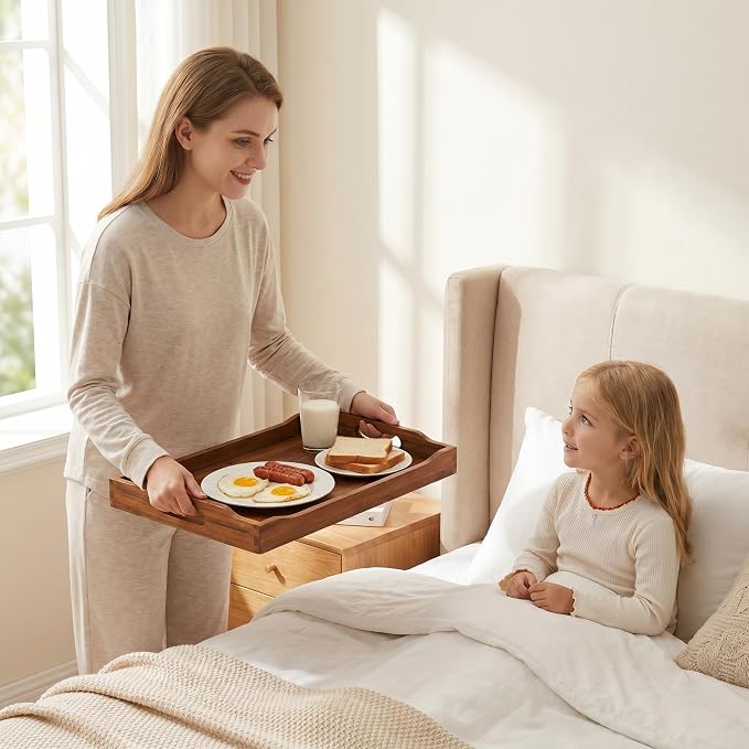 Acacia Wood Serving Trays with Handles, Rectangular Wooden Tray Set of 2 - Image 5