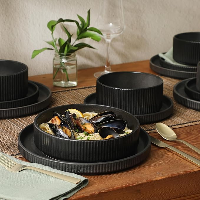 Gibson Elite Deerfield 16-Piece Stoneware Dinnerware Set – Matte Black Reactive - Image 4