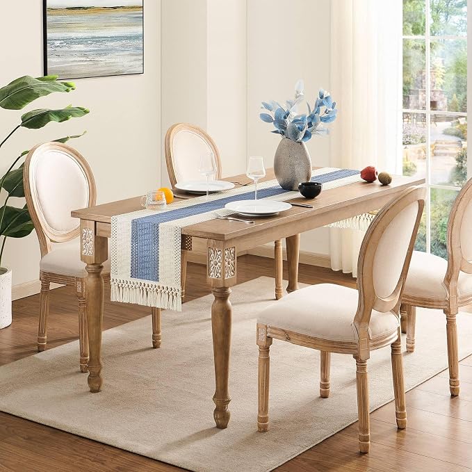 Macrame Style Bicolor Stitching Table Runner 14x48in Blue | Woven Boho Table - Image 3