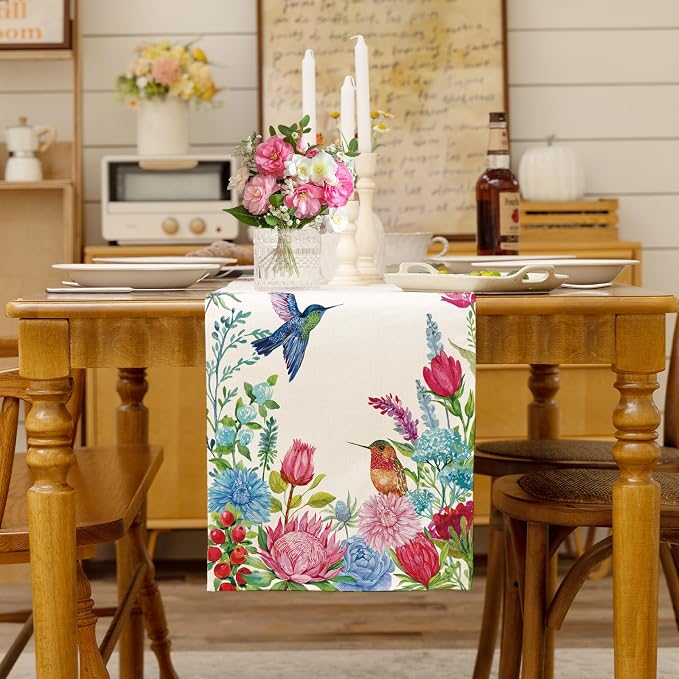 Summer Floral Hummingbird Table Runner Green Leaves Burlap Table Runners - Image 2