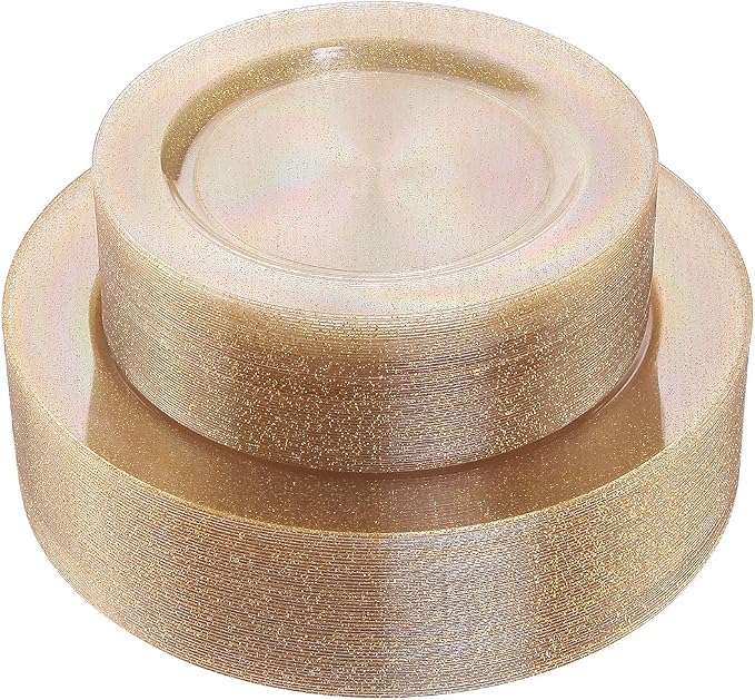 102 Pcs Gold Glitter Plastic Plates, BPA Free, 51 Dinner & 51 Dessert Plates by I00000
