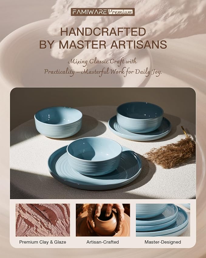 Dinnerware Set for 4, Ceramic Plates and Bowls, Ice Blue | 12 pcs Speckled - Image 5