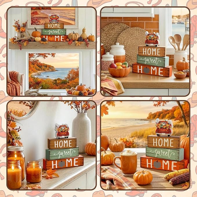Cinnvoice 4 Pcs Fall Truck Pumpkin Wooden Block Decor Farmhouse Tiered Tray - Image 4