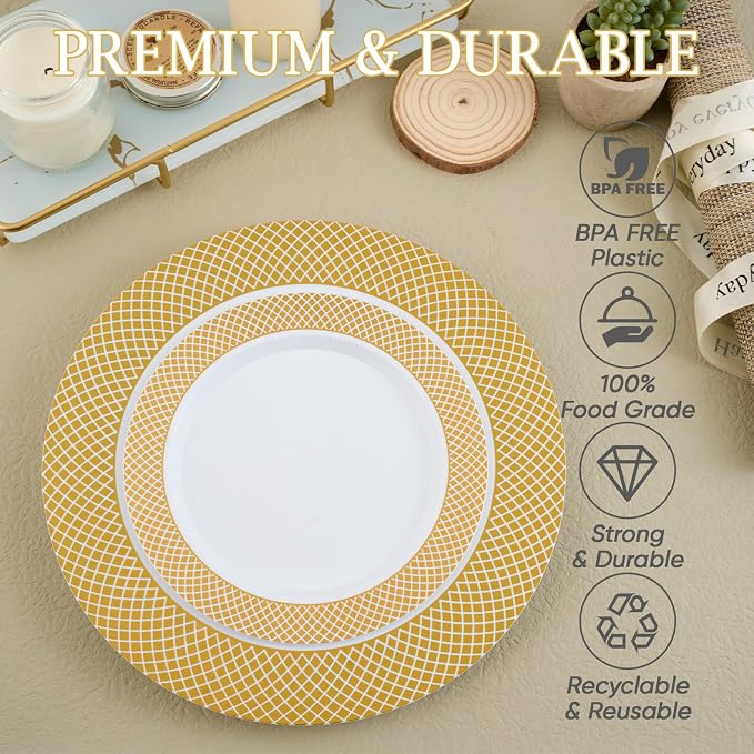 FOCUSLINE Gold Plastic Plates Set of 102, Disposable Plates - Image 4