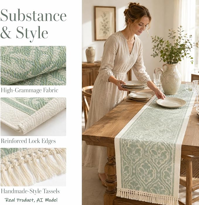 14x48 Botanical Table Runner Waterproof Floral Vine Boho Tassels | Need to - Image 3
