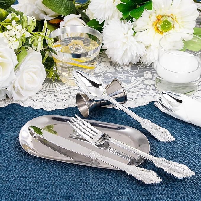350PCS Silver Plastic Plates-Disposable White and Silver Plates 50guest Baroque - Image 7