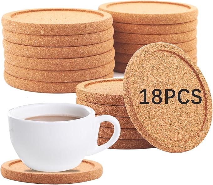 18 Pcs Cork Coasters with Lip, Absorbent Drink Coaster with Grooved Round Edge by Anpuimult