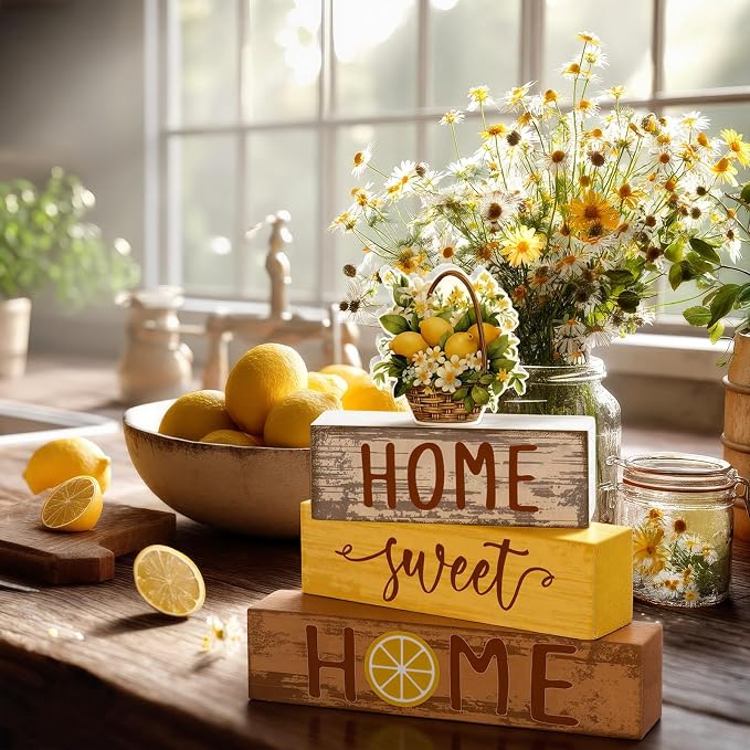 Cinnvoice 4 Pcs Summer Lemon Wooden Tabletop Decor Yellow Lemon Rustic Tiered - Image 5