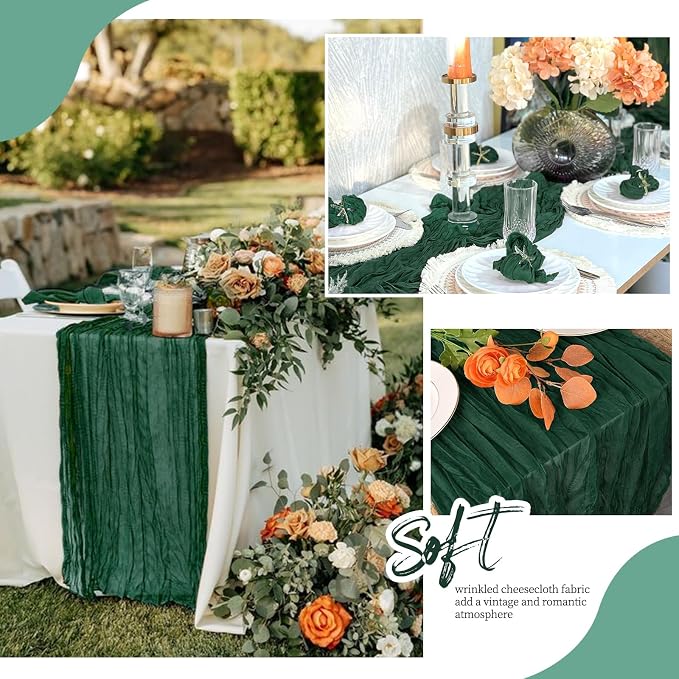 12 Pack Emerald Green Cheesecloth Table Runner 17x108 Inch Semi Sheer Boho - Image 6