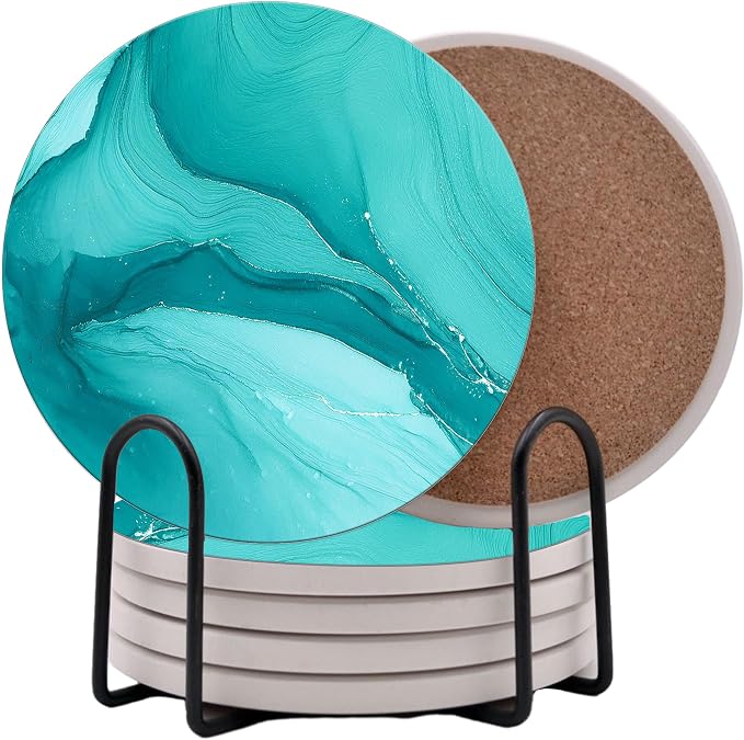 Aqua Blue Teal Marble Round Coasters Set of 6 by Unknown