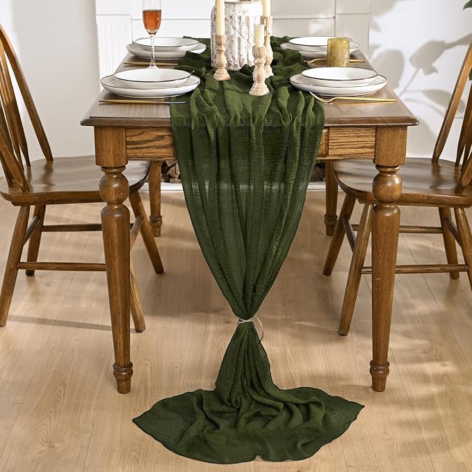 Artoid Mode 3PC Boho Cheesecloth Gauze Olive Green Wedding Table Runner - Image 2