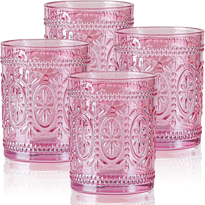 abrwyy Pink Glassware set of 4, Vintage Drinking Glasses, 10oz Pink Heavy Duty by abrwyy