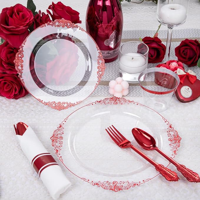 175 Pcs Clear Red Plates for Party | Red Party Plates Set for 25 Guests - Image 3
