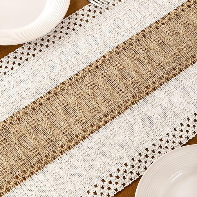 Ivory & Burlap Boho Table Runner Farmhouse Woven Table Runner 12x48 Inch | - Image 6