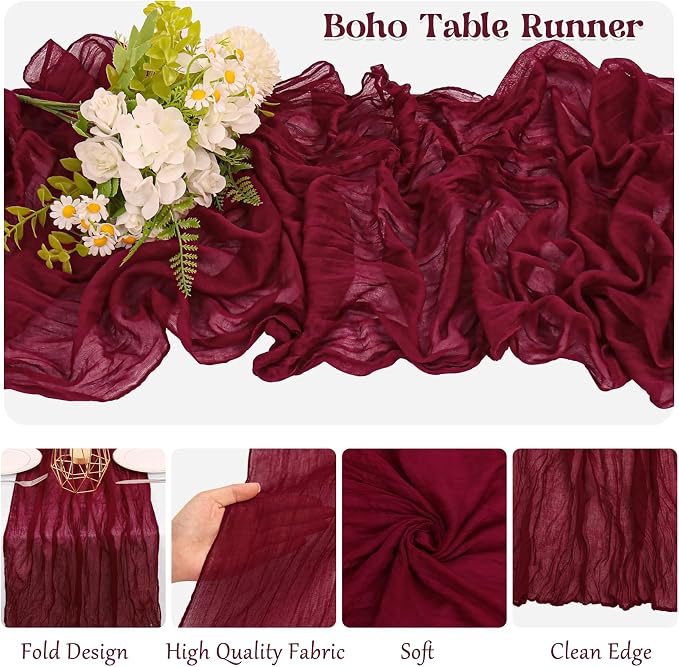 10 Pack Burgundy Cheesecloth Table Runner 6FT Boho Gauze Fabric Table Runner - Image 3
