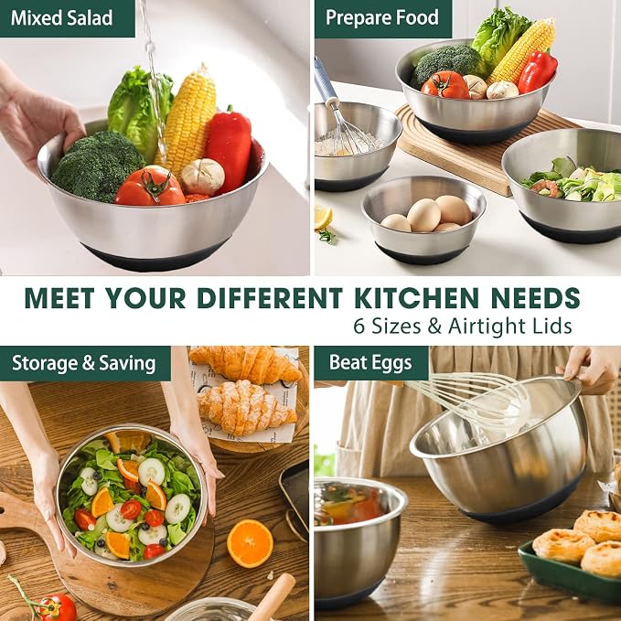 Umite Chef Mixing Bowls with Airtight Lids，6 piece Stainless Steel Metal - Image 2