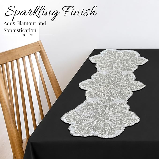 Handmade Beaded Table Runner 13x36 Inch – Silver & White Floral Beaded Runner - Image 9