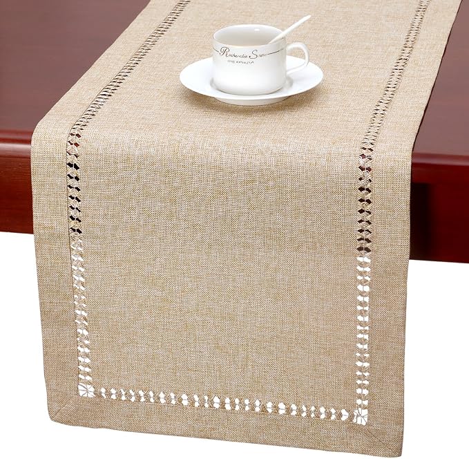 Grelucgo Large Handmade Hemstitch Beige Table Runner, Rectangular 14 by 132 Inch by Grelucgo