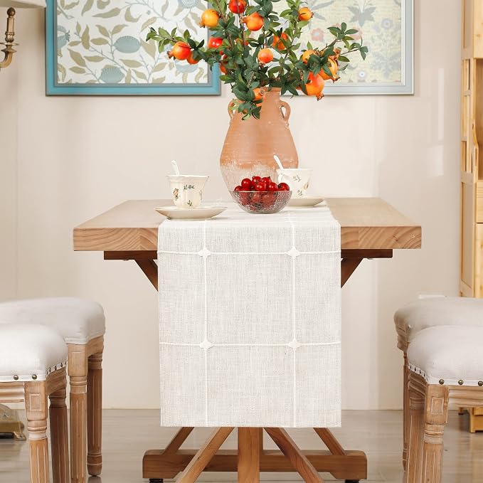 NEWISHER Rustic Embroidered Plaid Cloth Table Runner 72 inches, Farmhouse - Image 3