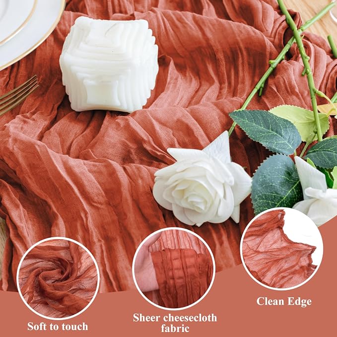 Cheesecloth Fall Table Runner Terracotta 10FT Boho Gauze, 3 Pack | 120 Inch - Image 3
