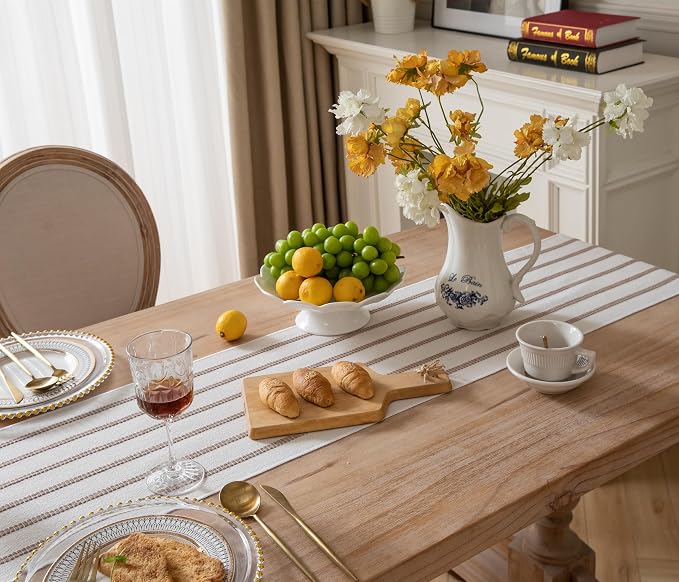 Caflife Boho Table Runner 90 Inchs Long Taupe and Beige, Cotton and Linen Woven - Image 4