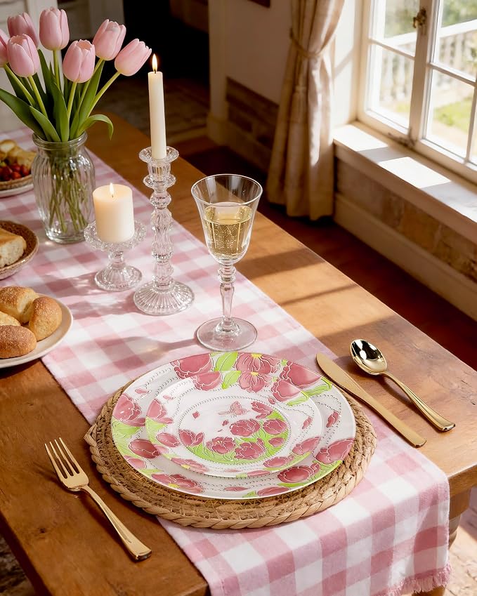 60 Pcs Disposable Plates, Pearl Trim | Elegant pink tulip & butterfly pattern - Image 7