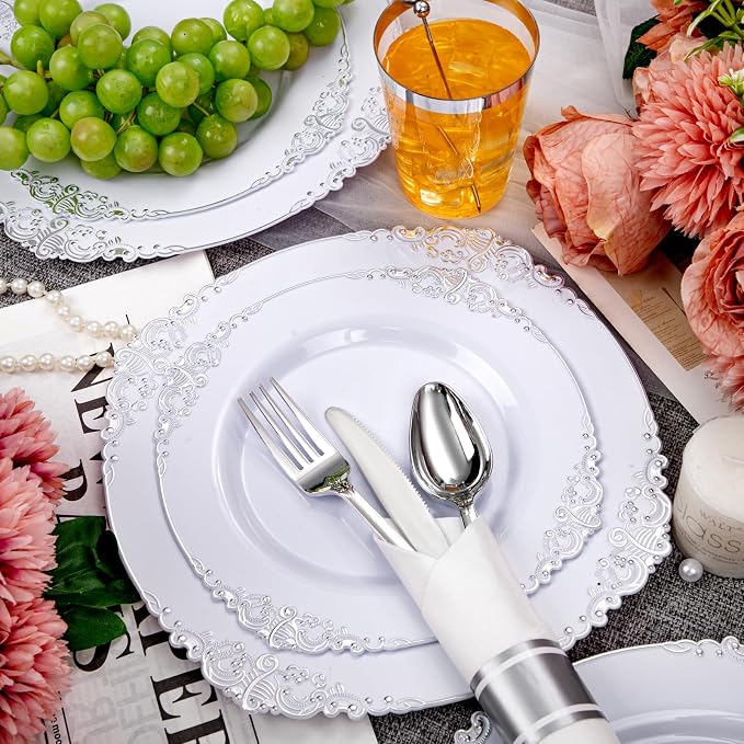 210 Pcs White Silver Plates for Party | White Party Plates Set for 30 Guests - Image 4