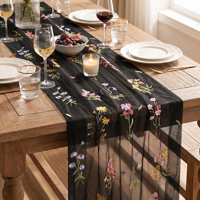 Artoid Mode Wildflower Floral Black Gauze Embroidery Table Runner 120 Inch 10FT - Image 7