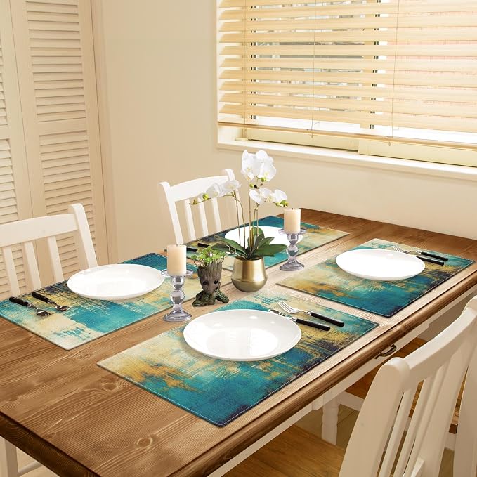 Emvency Farmhouse Placemats Set of 4, 12x18 Inch, Turquoise and Yellow | - Image 5