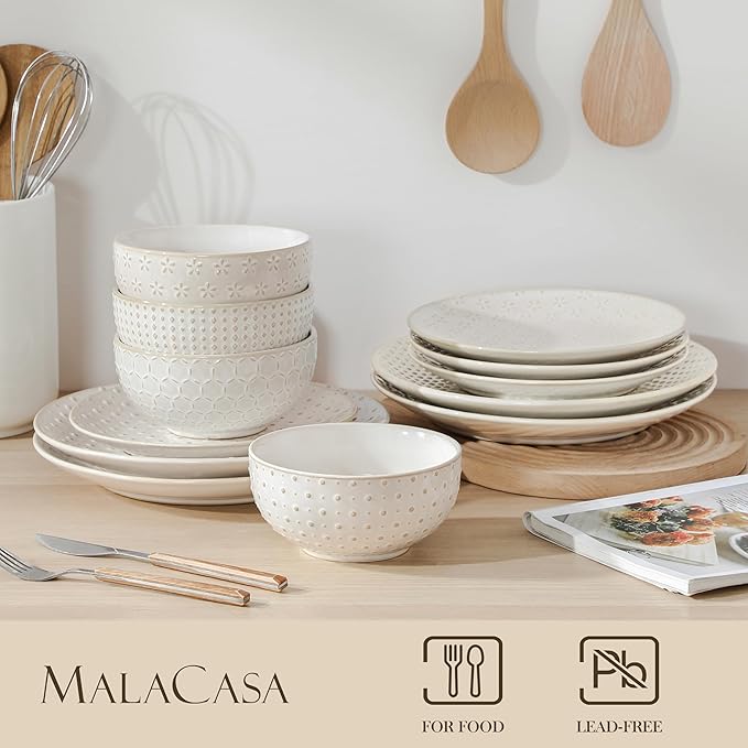 MALACASA 12 Pieces Dinnerware Sets, Farmhouse Plates and Bowls Sets, Embossed - Image 3