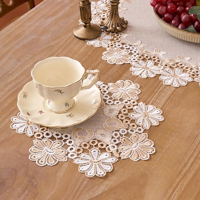 European Antique Jacquard Lace Table Doilies, Small Farmhouse Linen Embroidered - Image 4