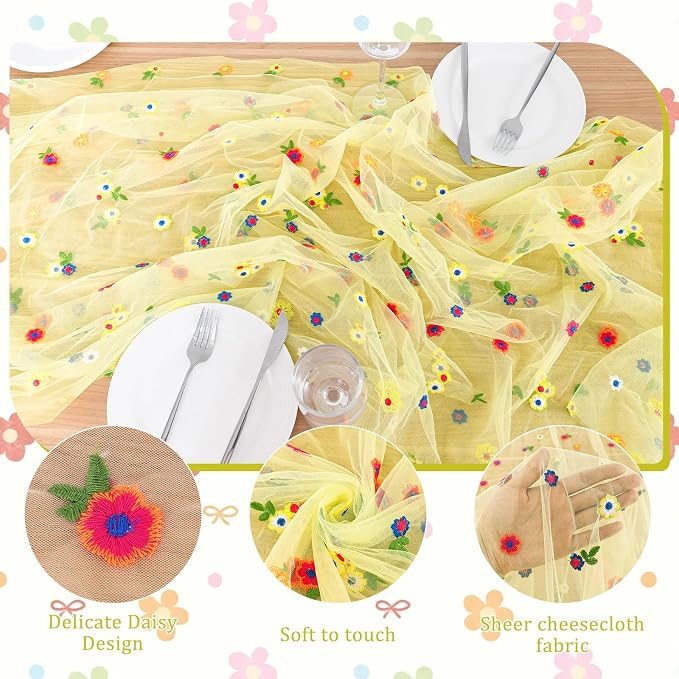 BINBE 6pcs Daisy Spring Table Runner Embroidery Gauze 10FT Florals Seasonal - Image 6