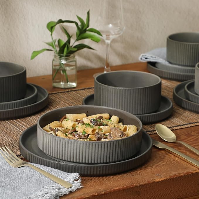 Gibson Elite Deerfield 16-Piece Stoneware Dinnerware Set – Soft Grey Reactive - Image 5