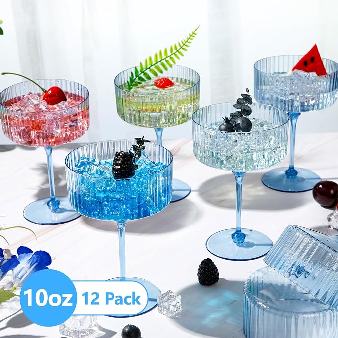 Jingmore 12 Pcs Ribbed Martini Glasses 10 oz Disposable Plastic Vintage Ribbed - Image 3