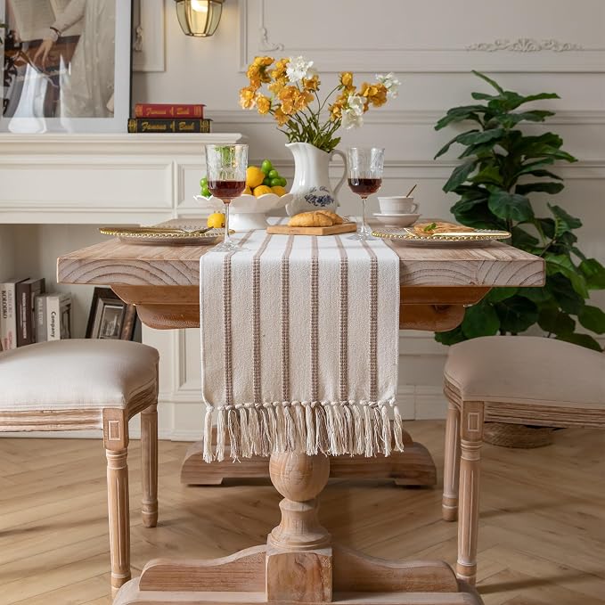 Caflife Boho Table Runner 60 Inchs Long Taupe and Beige, Cotton and Linen Woven - Image 7