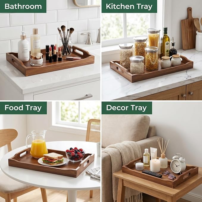 Acacia Wood Serving Trays with Handles, Rectangular Wooden Tray Set of 2 - Image 2