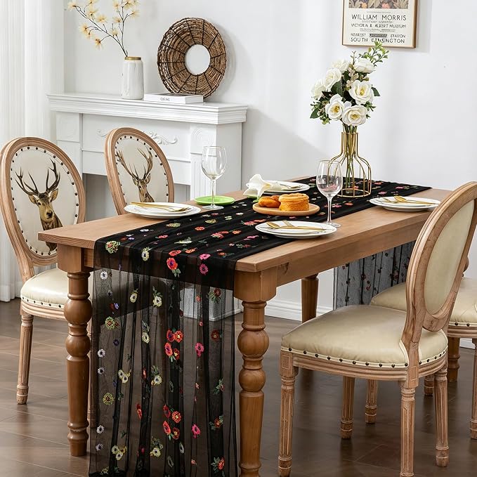 BINBE 6pcs Black Daisy Spring Table Runner Embroidery Gauze 10FT Florals - Image 4