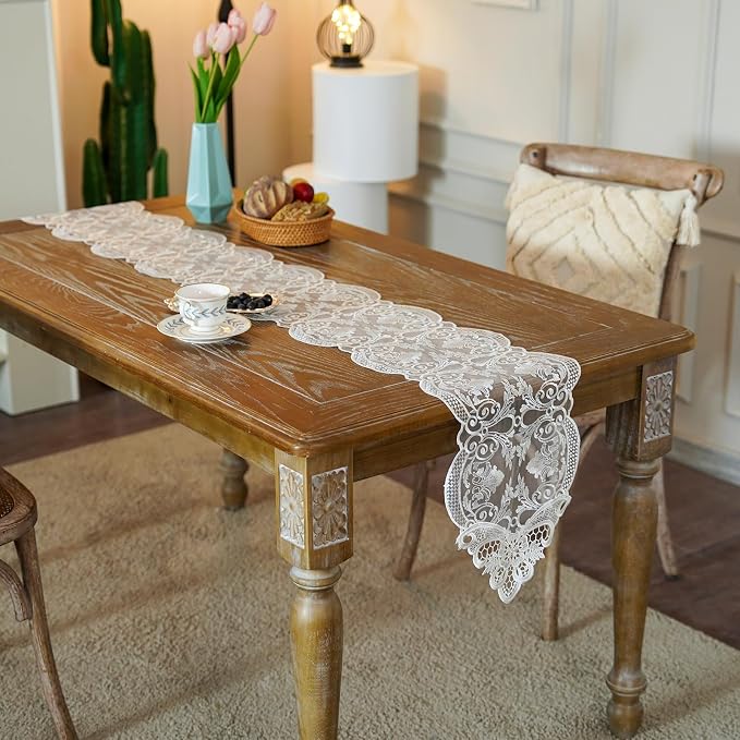 ARTABLE Off White Lace Table Runner Macrame Dresser Scarf Modern 10x110Inch | - Image 5
