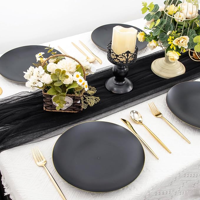 EI 80pcs Black and Gold Dinner Plates Disposable 10.25inch, Plastic Party - Image 3
