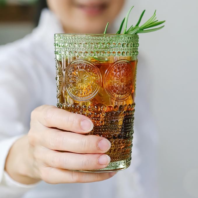 Hobnail Beaded Floral Green Drinking Glasses Set of 6, Vintage Glassware Set by - Image 2