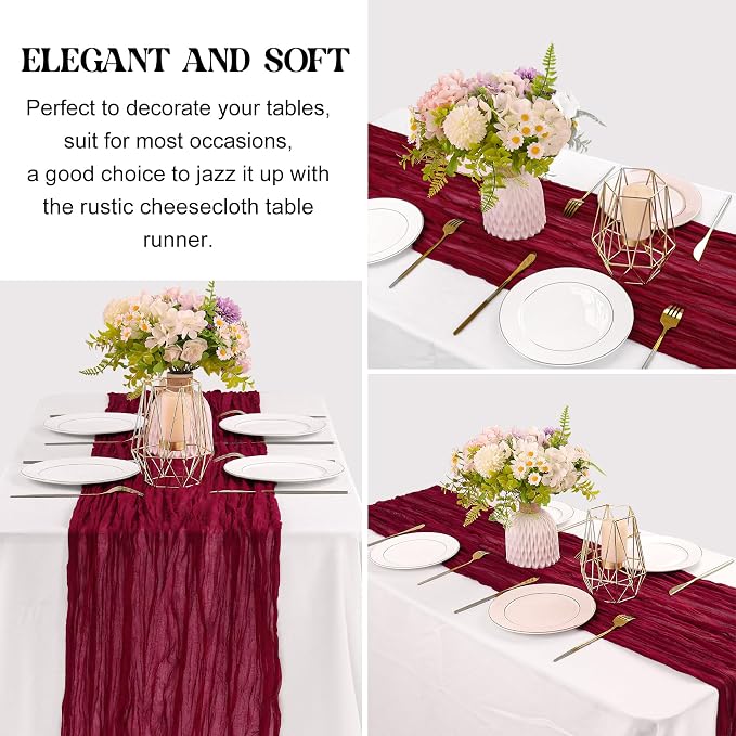 Burgundy 10FT Cheesecloth Table Runner Boho Gauze Fabric Table Runner Rustic - Image 3
