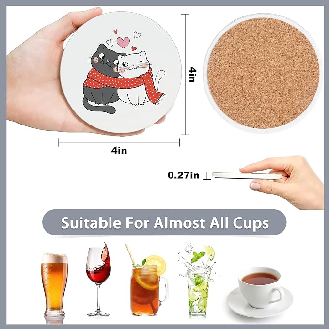 6 Pcs Coasters for Drinks with Holder, Sweet Cat in Love Cute Absorbent Coaster - Image 2